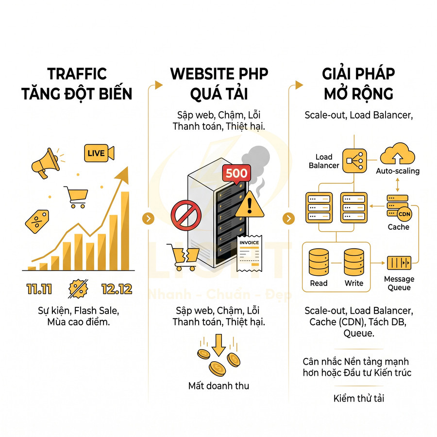 Mô tả giải pháp mở rộng hạ tầng cho website PHP quá tải vì traffic tăng đột biến, dùng load balancer, cache, CDN, queue