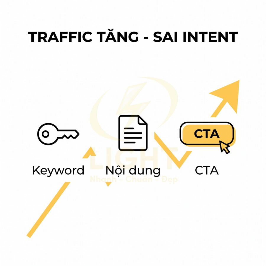 Minh họa quy trình SEO với keyword nội dung và nút CTA nhưng traffic tăng sai intent