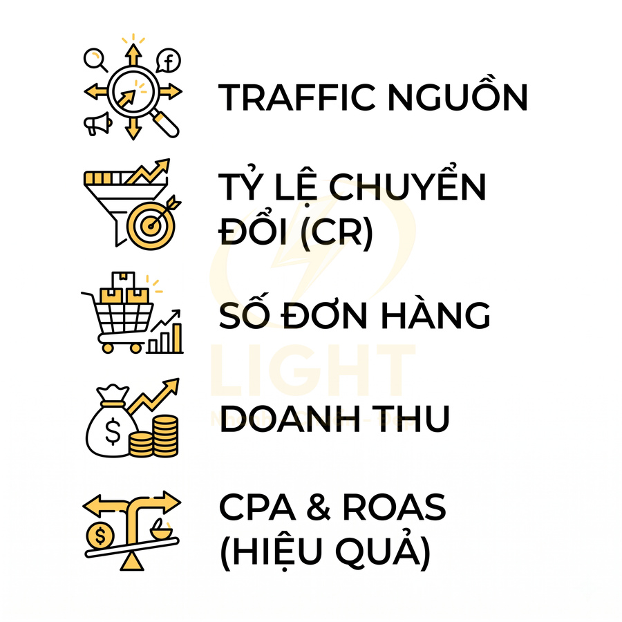 Các chỉ số marketing chính gồm traffic nguồn, tỷ lệ chuyển đổi, số đơn hàng, doanh thu, CPA và ROAS