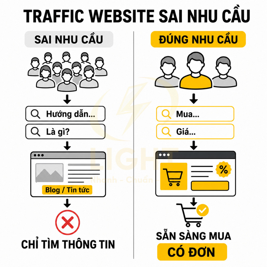 Minh họa so sánh traffic website sai nhu cầu và đúng nhu cầu, nhấn mạnh khách truy cập sẵn sàng mua hàng