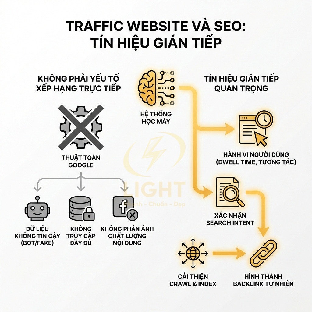 Giải thích vai trò traffic website trong SEO và các tín hiệu gián tiếp như hành vi người dùng, search intent, backlink