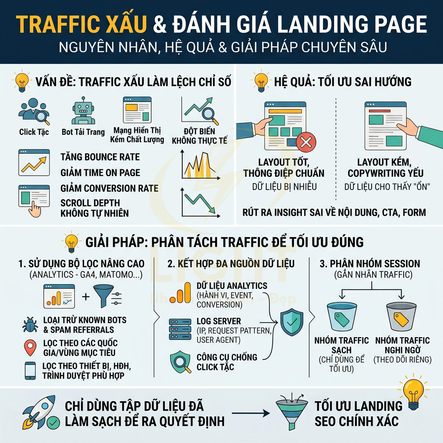 Infographic về traffic xấu và cách đánh giá, tối ưu landing page bằng phân tách và làm sạch dữ liệu truy cập