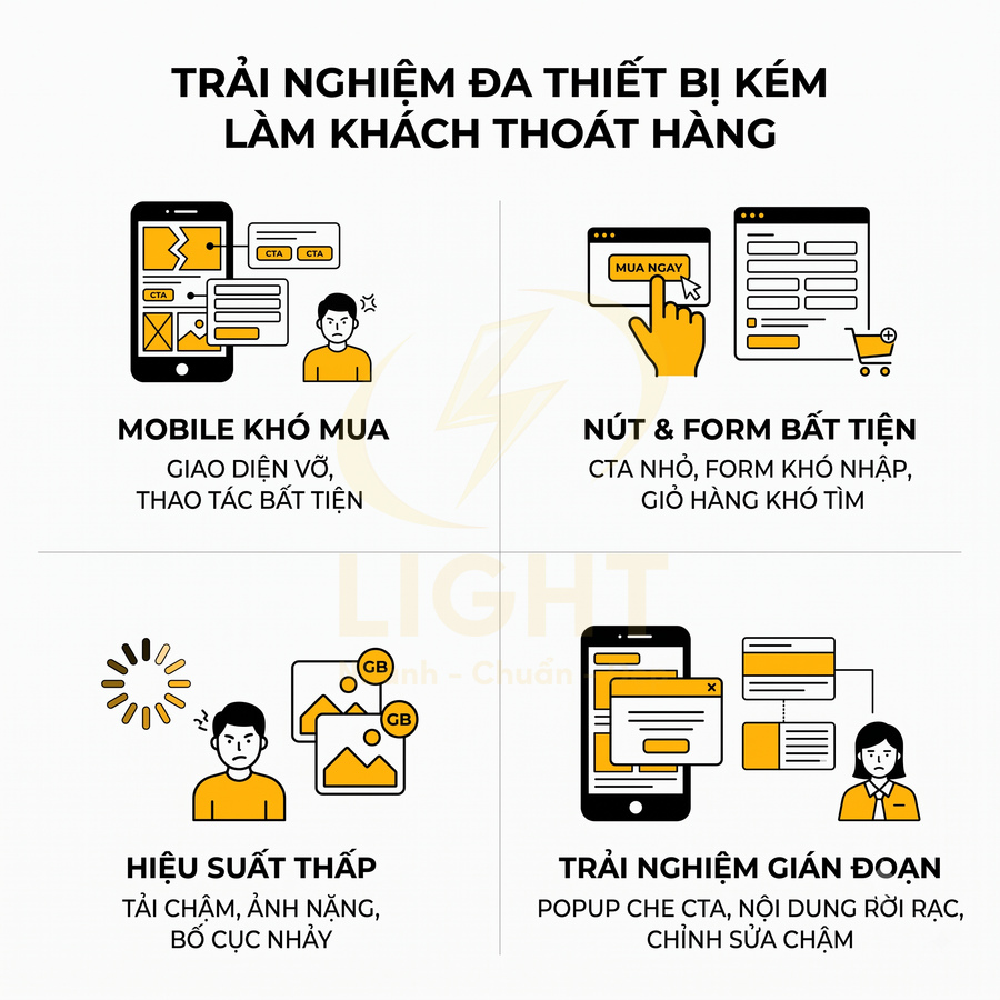 Minh họa các vấn đề trải nghiệm đa thiết bị kém trên website bán hàng như mobile khó mua, nút form bất tiện, hiệu suất thấp