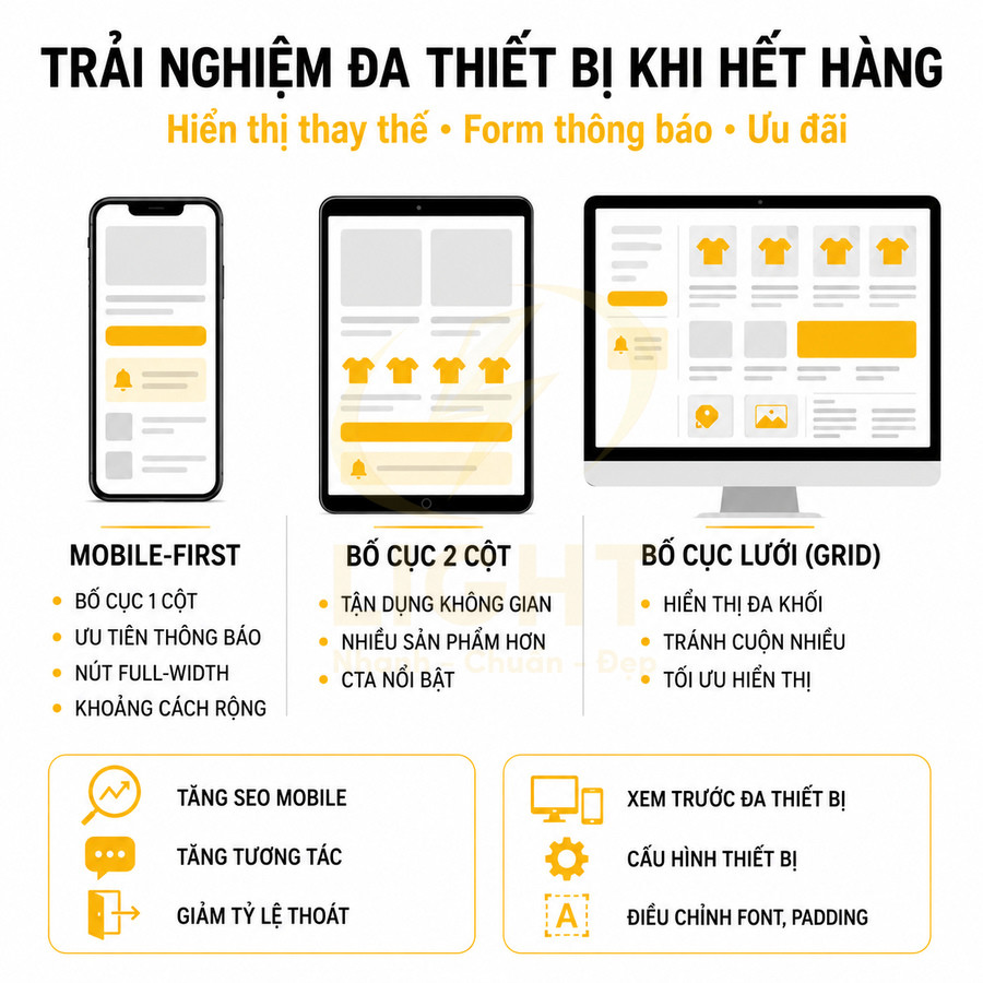 Mô phỏng giao diện website hết hàng trên điện thoại, tablet, máy tính với bố cục mobile first, 2 cột và lưới