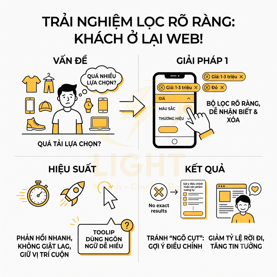 Infographic trải nghiệm bộ lọc sản phẩm rõ ràng trên website thương mại điện tử, giúp khách dễ chọn và ở lại lâu hơn