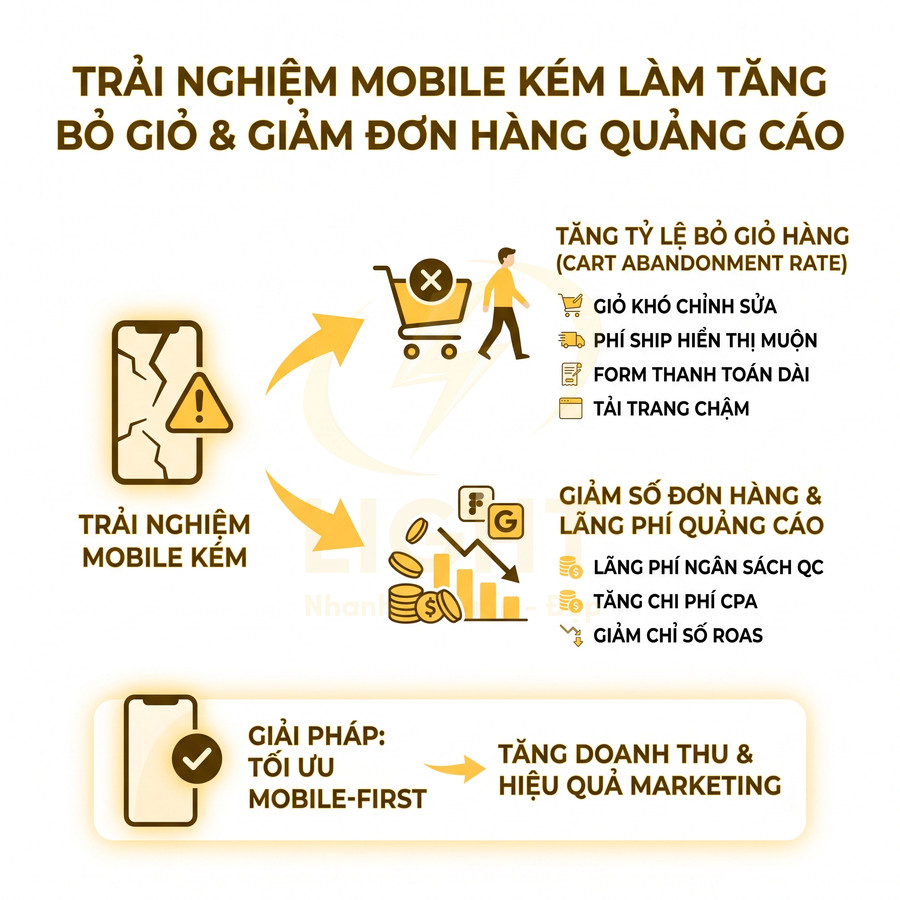 Infographic về trải nghiệm mobile kém làm tăng bỏ giỏ hàng, giảm đơn quảng cáo và giải pháp tối ưu mobile first