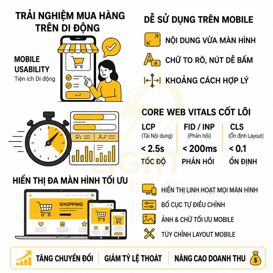 Infographic tối ưu trải nghiệm mua hàng trên di động với mobile usability, Core Web Vitals và hiển thị đa màn hình