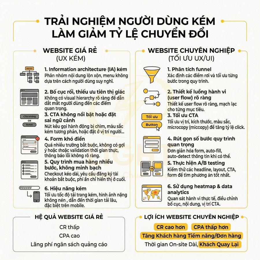 So sánh website giá rẻ UX kém và website chuyên nghiệp tối ưu UX UI ảnh hưởng tỷ lệ chuyển đổi