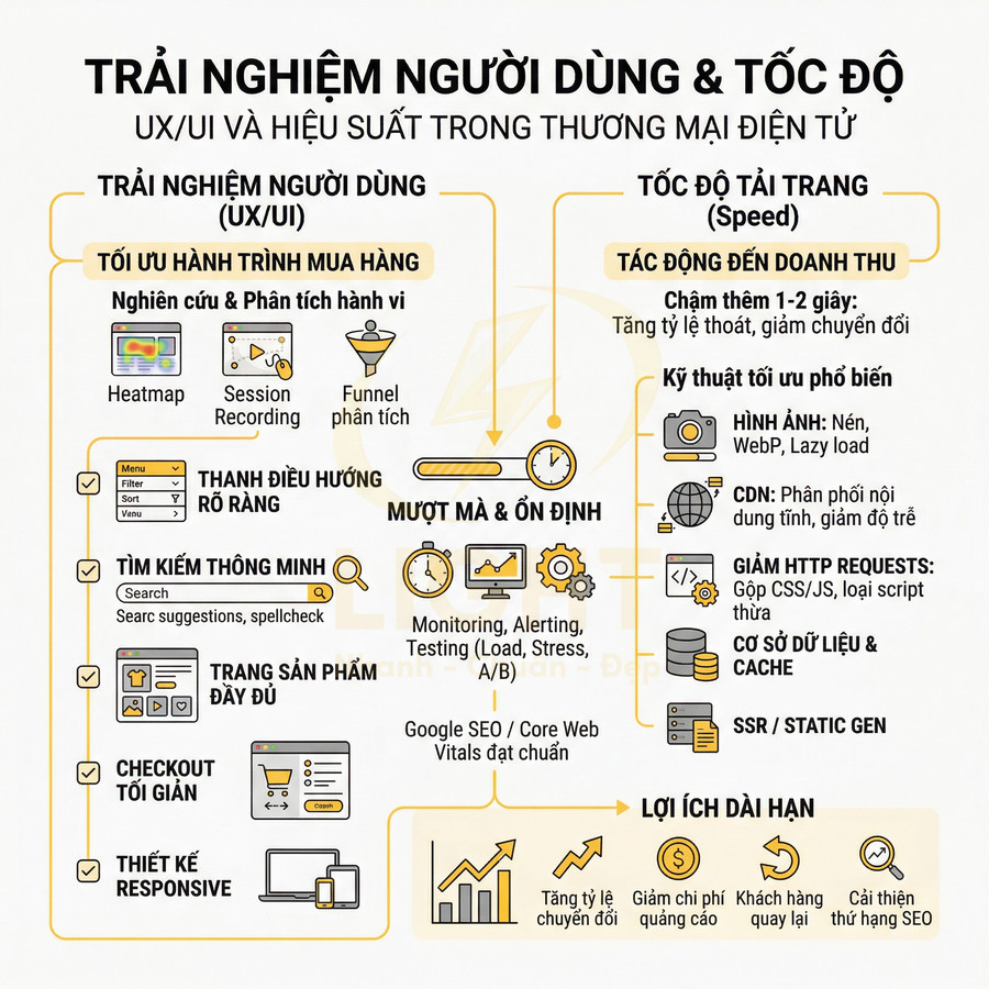 Infographic về tối ưu UX UI và tốc độ tải trang cho website thương mại điện tử, cải thiện trải nghiệm và doanh thu