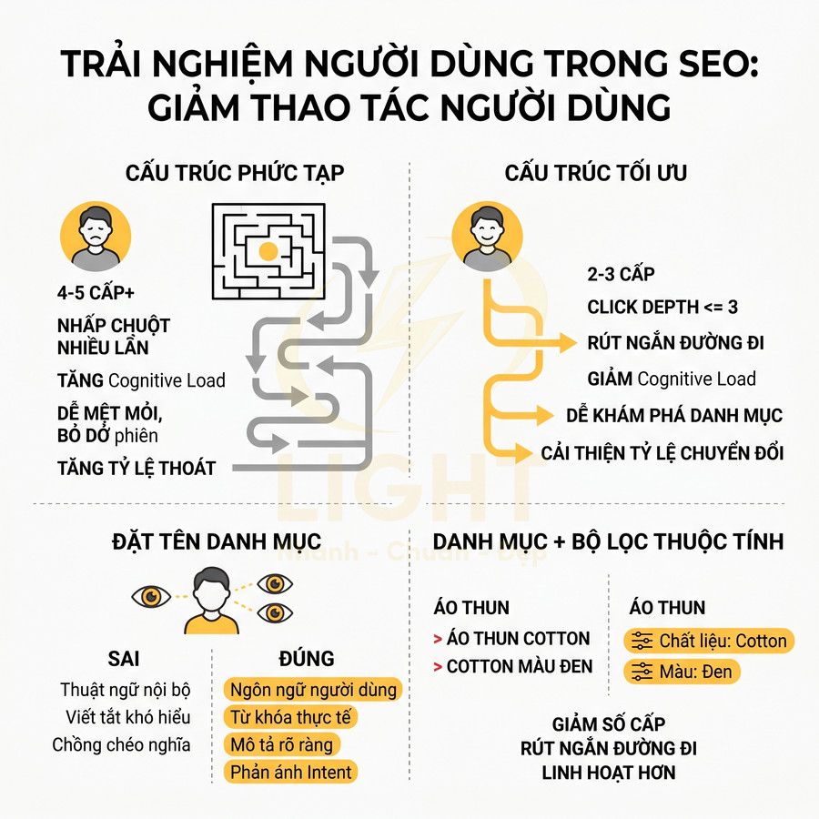 Infographic tối ưu trải nghiệm người dùng trong SEO với cấu trúc website, đặt tên danh mục và bộ lọc thuộc tính