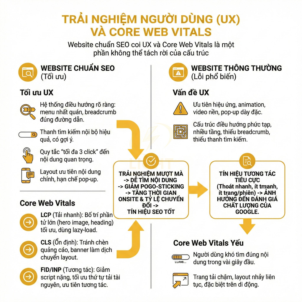 Infographic so sánh website chuẩn SEO tối ưu UX và Core Web Vitals với website thông thường