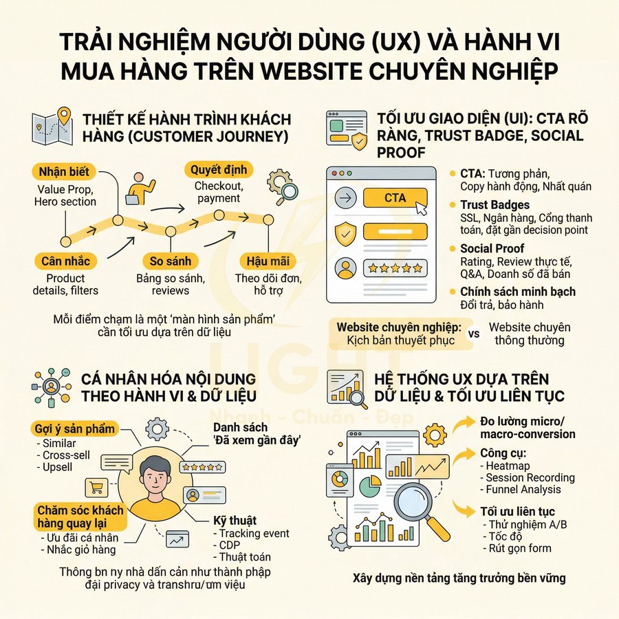 Infographic trải nghiệm người dùng UX và hành vi mua hàng trên website chuyên nghiệp, tối ưu UI, cá nhân hóa nội dung, đo lường dữ liệu