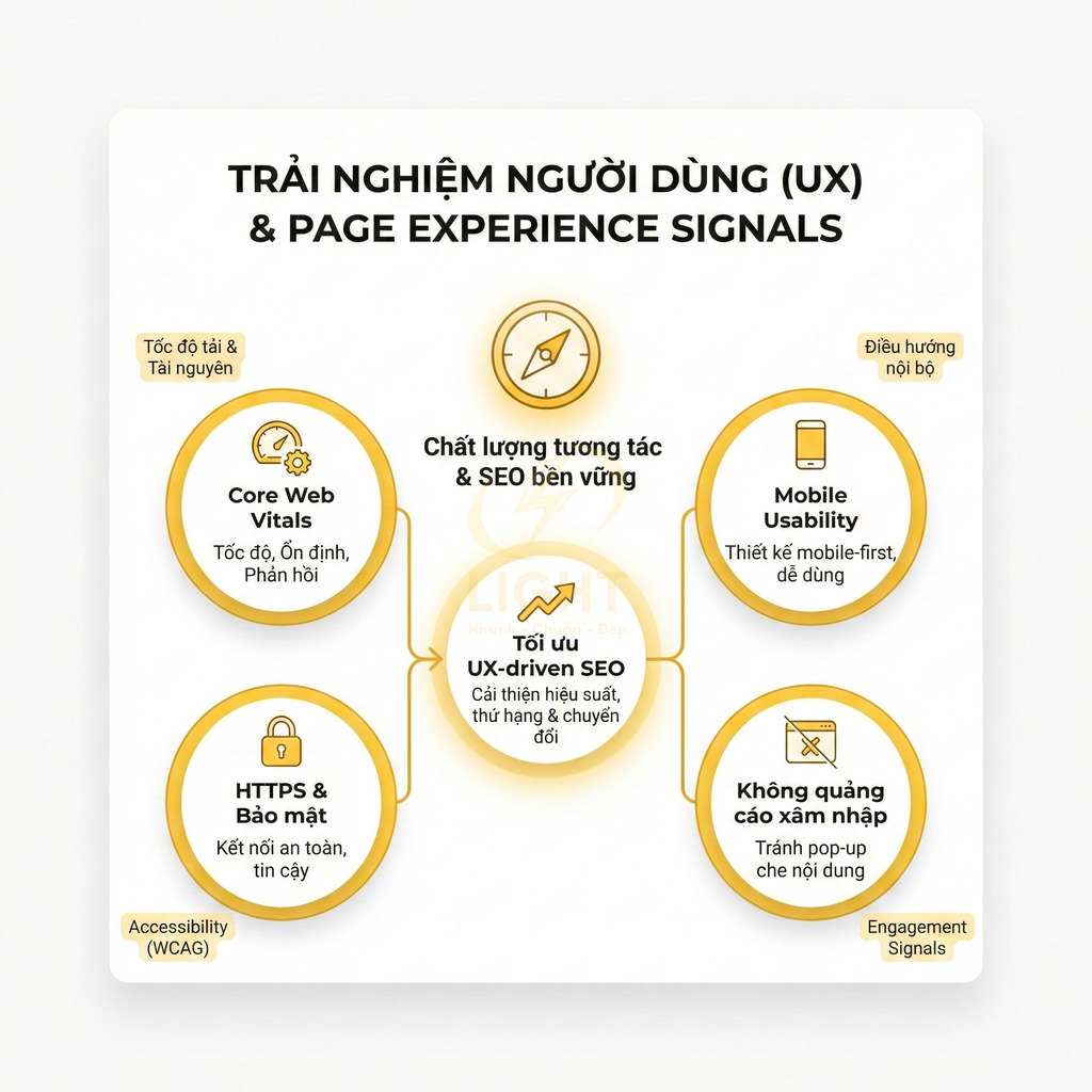 Mô hình tối ưu UX và Page Experience Signals với Core Web Vitals, HTTPS, mobile usability và không quảng cáo xâm nhập