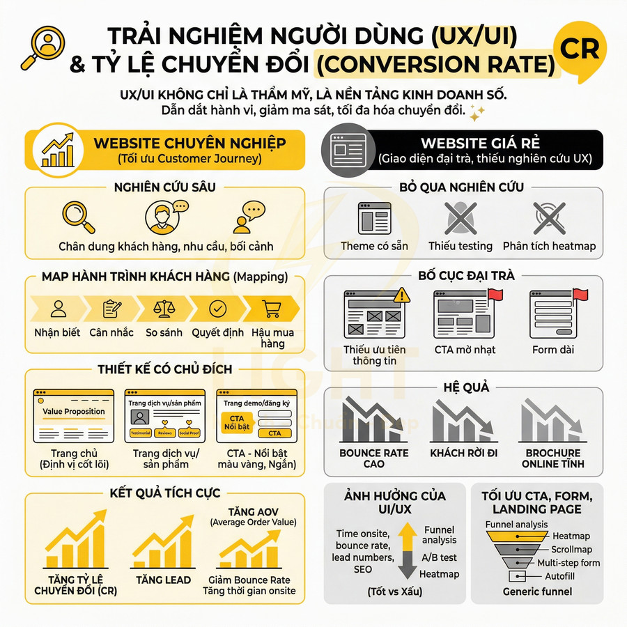 Infographic về UX UI website và tối ưu tỷ lệ chuyển đổi với nghiên cứu khách hàng, hành trình mua và thiết kế CTA