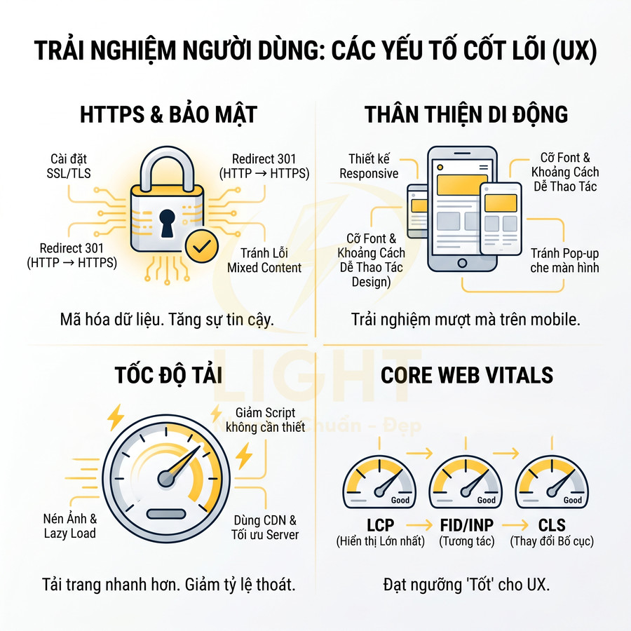 Infographic các yếu tố cốt lõi UX: HTTPS bảo mật, thân thiện di động, tốc độ tải và Core Web Vitals