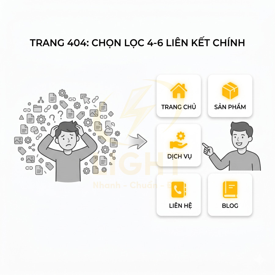 Minh họa trang 404 với người dùng bối rối và các nút liên kết Trang chủ Sản phẩm Dịch vụ Liên hệ Blog