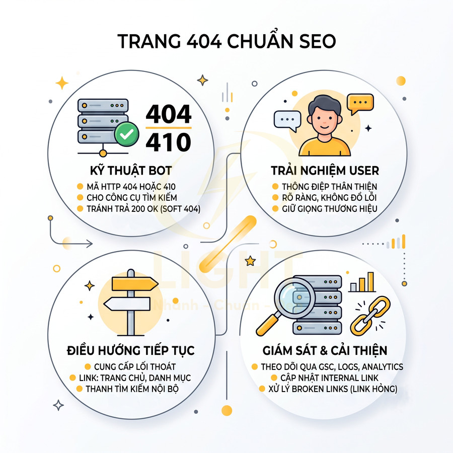 Infographic hướng dẫn tối ưu trang lỗi 404 chuẩn SEO với kỹ thuật bot, trải nghiệm user, điều hướng và giám sát cải thiện