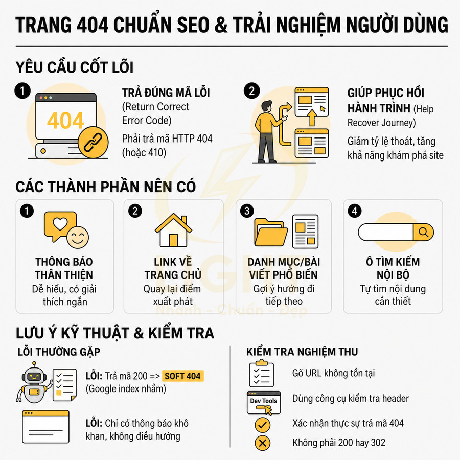 Hướng dẫn thiết kế trang lỗi 404 chuẩn SEO với yêu cầu cốt lõi, thành phần cần có và lưu ý kỹ thuật