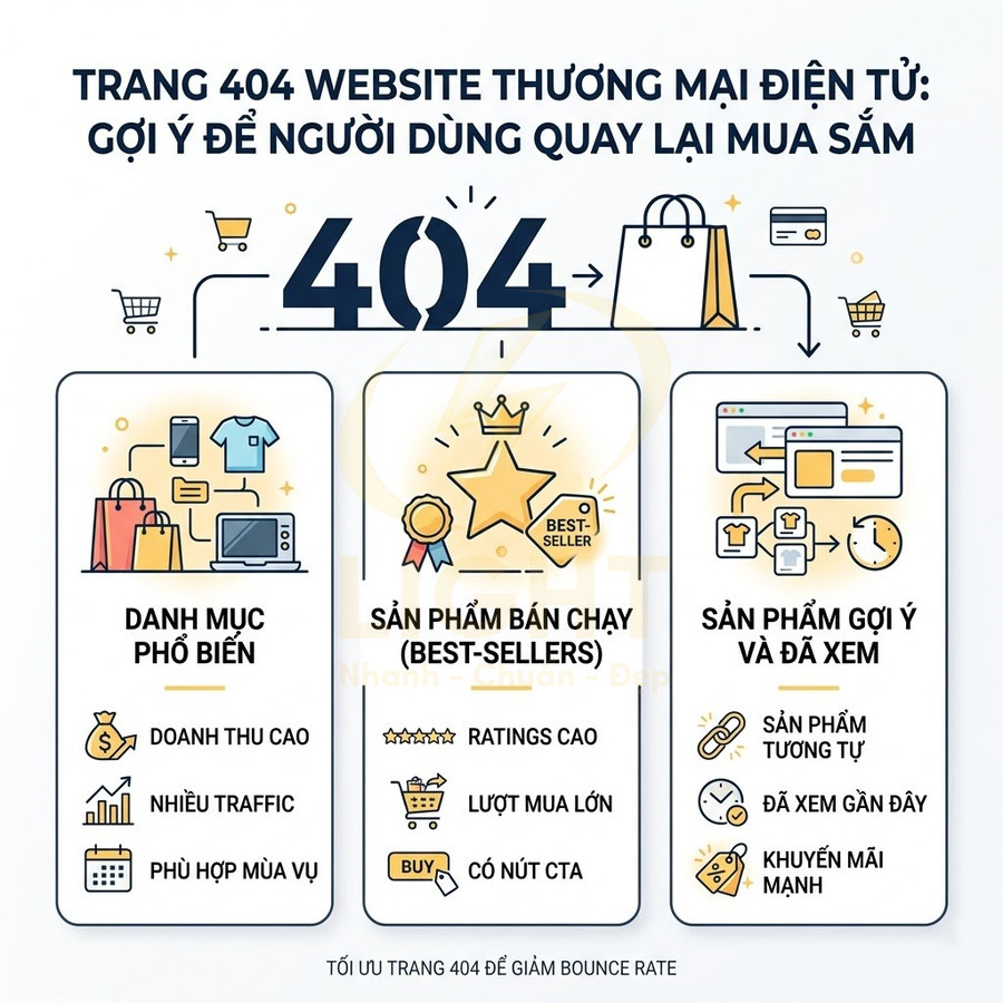Mẫu trang 404 cho website thương mại điện tử hiển thị danh mục phổ biến, sản phẩm bán chạy và gợi ý sản phẩm