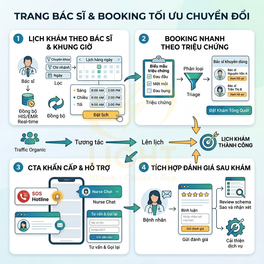 Mô hình trang bác sĩ và đặt lịch khám online tối ưu chuyển đổi với lịch khám, booking triệu chứng, hỗ trợ khẩn cấp và đánh giá