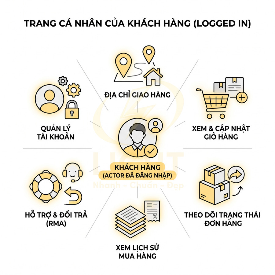 Giao diện trang cá nhân khách hàng đã đăng nhập với các chức năng quản lý tài khoản, đơn hàng, giỏ hàng và hỗ trợ đổi trả
