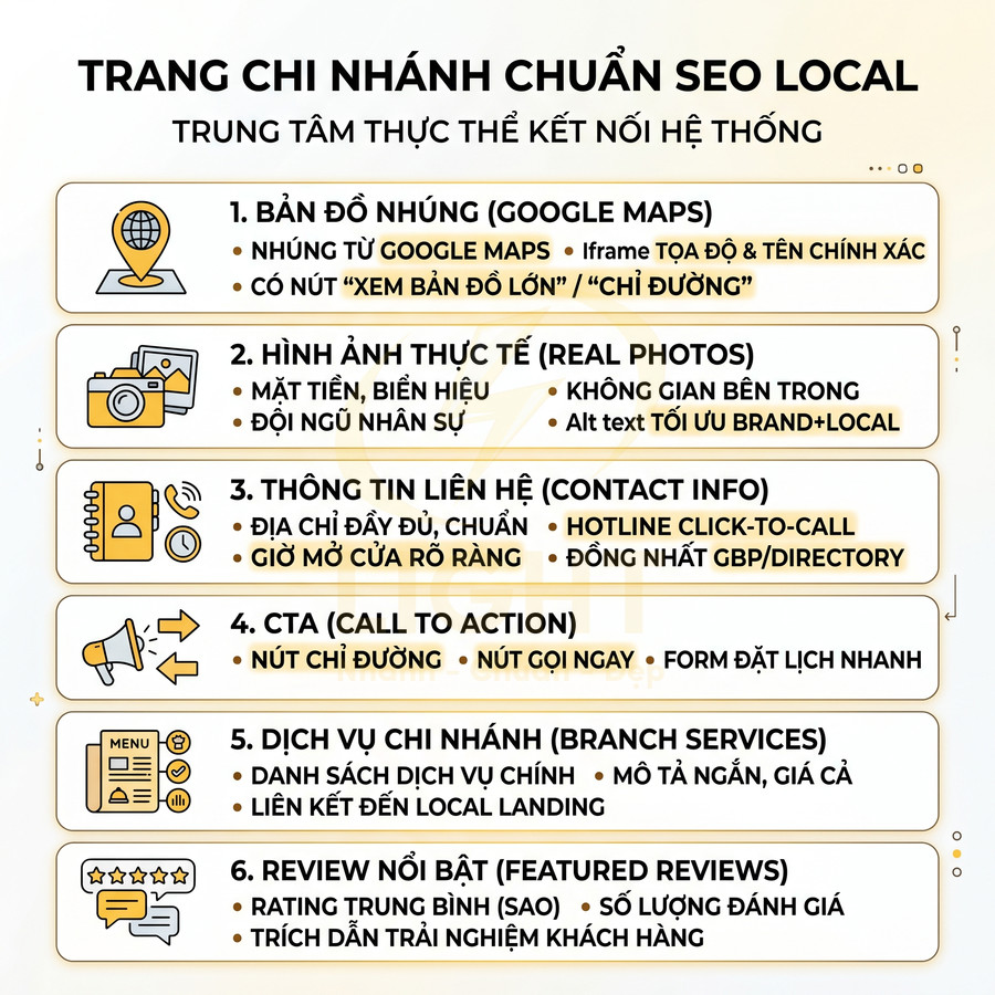 Checklist tối ưu trang chi nhánh chuẩn SEO local với bản đồ, ảnh thực tế, thông tin liên hệ, CTA, dịch vụ và review