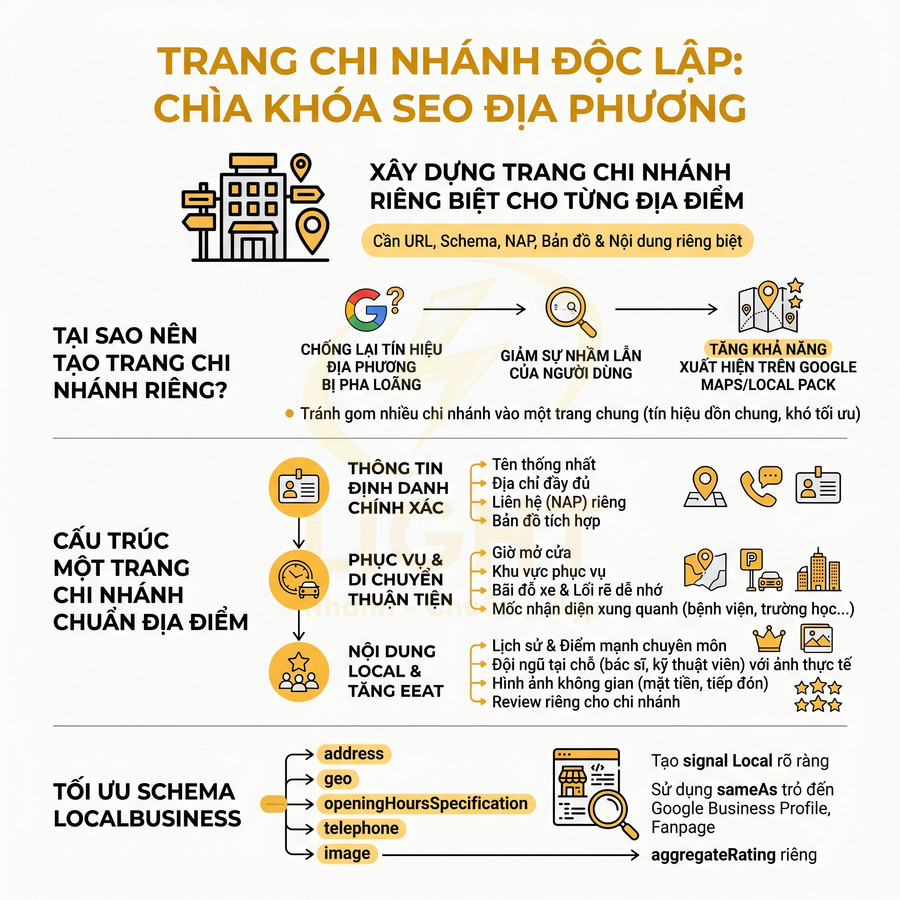 Infographic hướng dẫn tối ưu SEO địa phương với trang chi nhánh độc lập và schema LocalBusiness