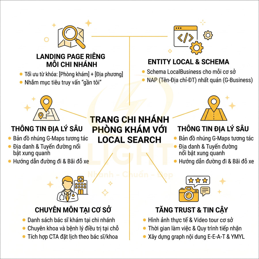 Infographic hướng dẫn tối ưu trang chi nhánh phòng khám cho local search với các mục landing page, địa lý, chuyên môn và độ tin cậy
