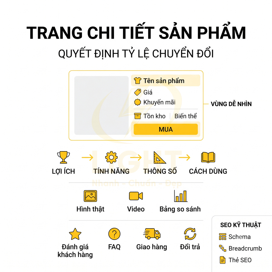 Mẫu bố cục trang chi tiết sản phẩm tối ưu chuyển đổi với vùng dễ nhìn và các mục lợi ích, tính năng, thông số, cách dùng