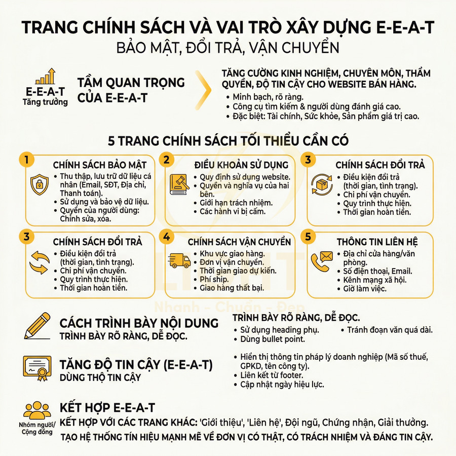 Hướng dẫn xây dựng trang chính sách bảo mật, đổi trả, vận chuyển và liên hệ để tăng độ tin cậy E-E-A-T cho website bán hàng