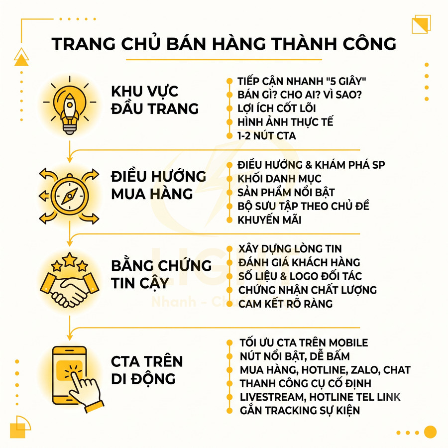 Hướng dẫn bố cục trang chủ bán hàng thành công với khu vực đầu trang, điều hướng mua hàng, bằng chứng tin cậy và CTA di động