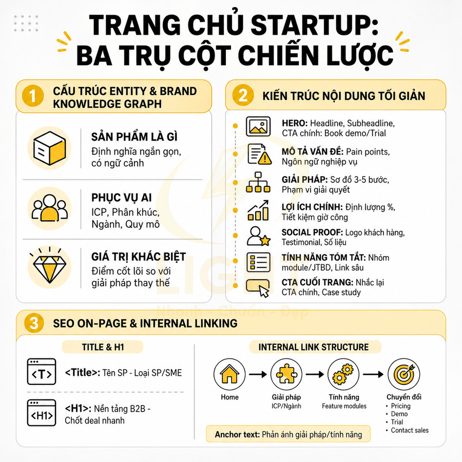 Infographic ba trụ cột chiến lược cho trang chủ startup về cấu trúc thương hiệu, nội dung và SEO
