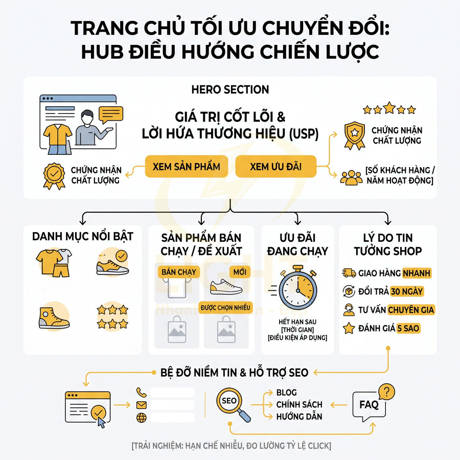 Sơ đồ trang chủ tối ưu chuyển đổi với hero section, danh mục sản phẩm nổi bật, ưu đãi và lý do tin tưởng shop