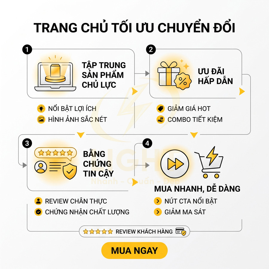 Hướng dẫn tối ưu trang chủ tăng chuyển đổi với sản phẩm chủ lực, ưu đãi hấp dẫn và nút mua ngay nổi bật