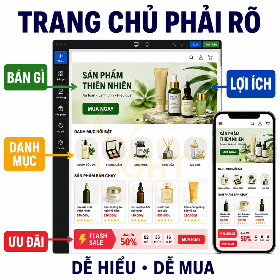 Giao diện website bán mỹ phẩm thiên nhiên với danh mục sản phẩm, ưu đãi flash sale và phiên bản hiển thị trên điện thoại