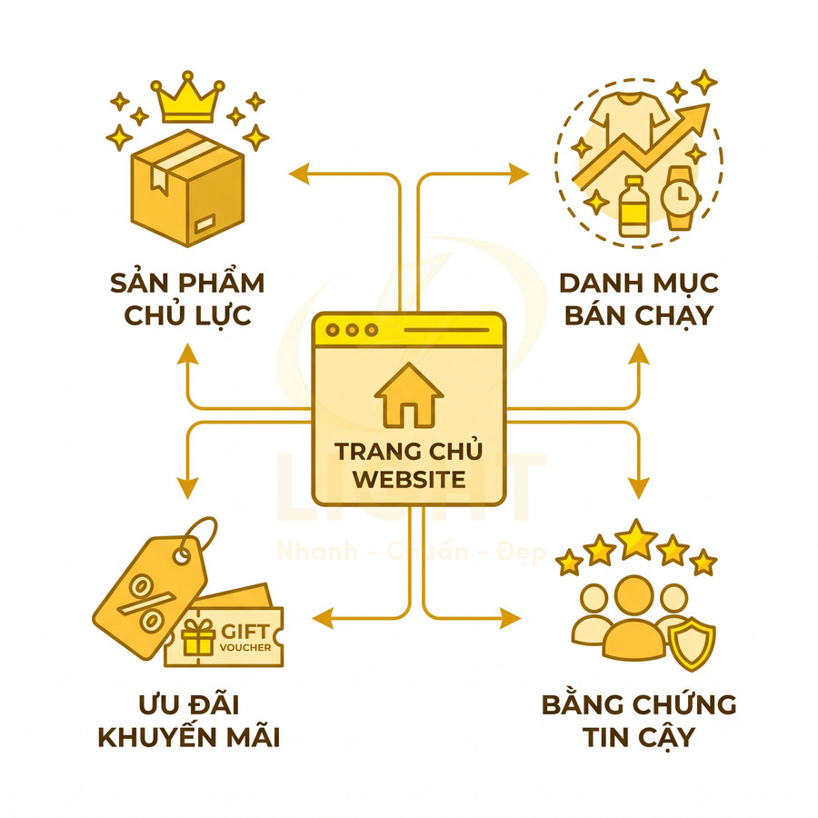 Sơ đồ trang chủ website với sản phẩm chủ lực, danh mục bán chạy, ưu đãi khuyến mãi và bằng chứng tin cậy