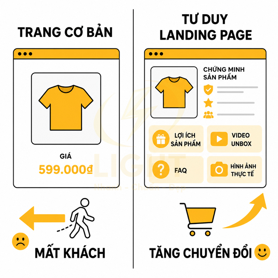 So sánh trang bán áo thun cơ bản và landing page chi tiết với lợi ích, video, FAQ để tăng chuyển đổi