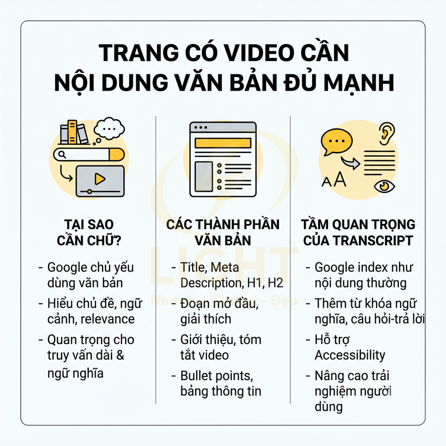 Infographic hướng dẫn tối ưu SEO cho trang có video với nội dung văn bản, transcript và các thành phần text quan trọng