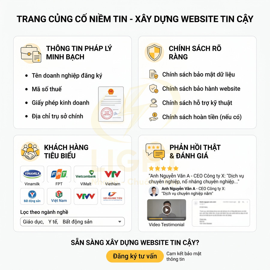 Mẫu giao diện website giới thiệu thông tin pháp lý, chính sách, khách hàng tiêu biểu và đánh giá để tăng độ tin cậy