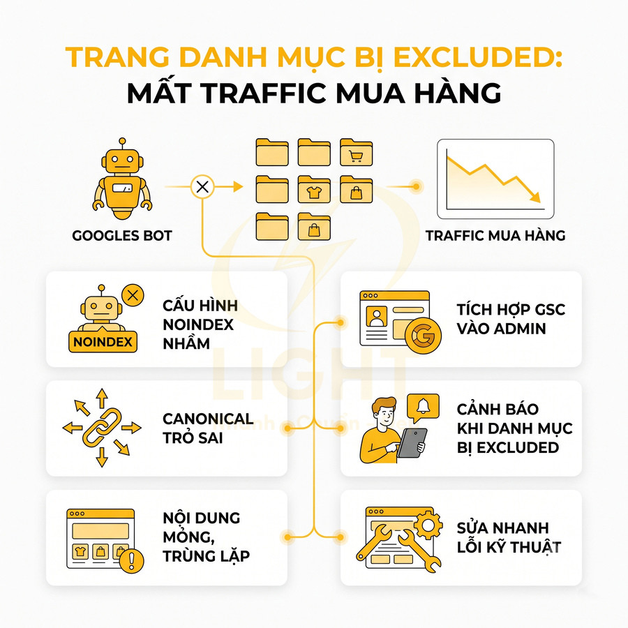 Minh họa nguyên nhân trang danh mục bị excluded và cách khắc phục để tránh mất traffic mua hàng trong SEO