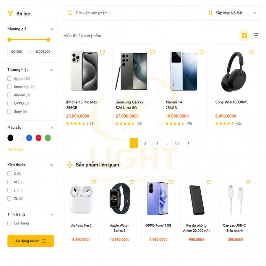 Giao diện website bán iPhone 15 Pro Max, Samsung Galaxy S24 Ultra, Xiaomi 14 và tai nghe Sony WH-1000XM5