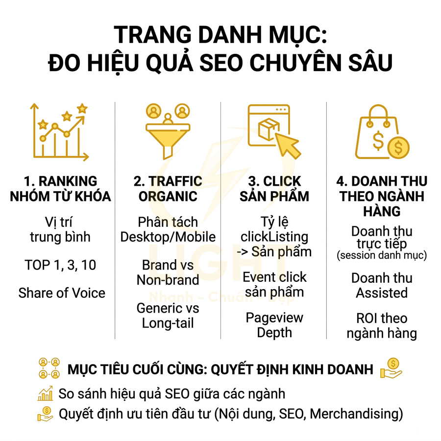 Trang danh mục đo hiệu quả SEO chuyên sâu với các chỉ số ranking, traffic organic, click sản phẩm và doanh thu ngành hàng