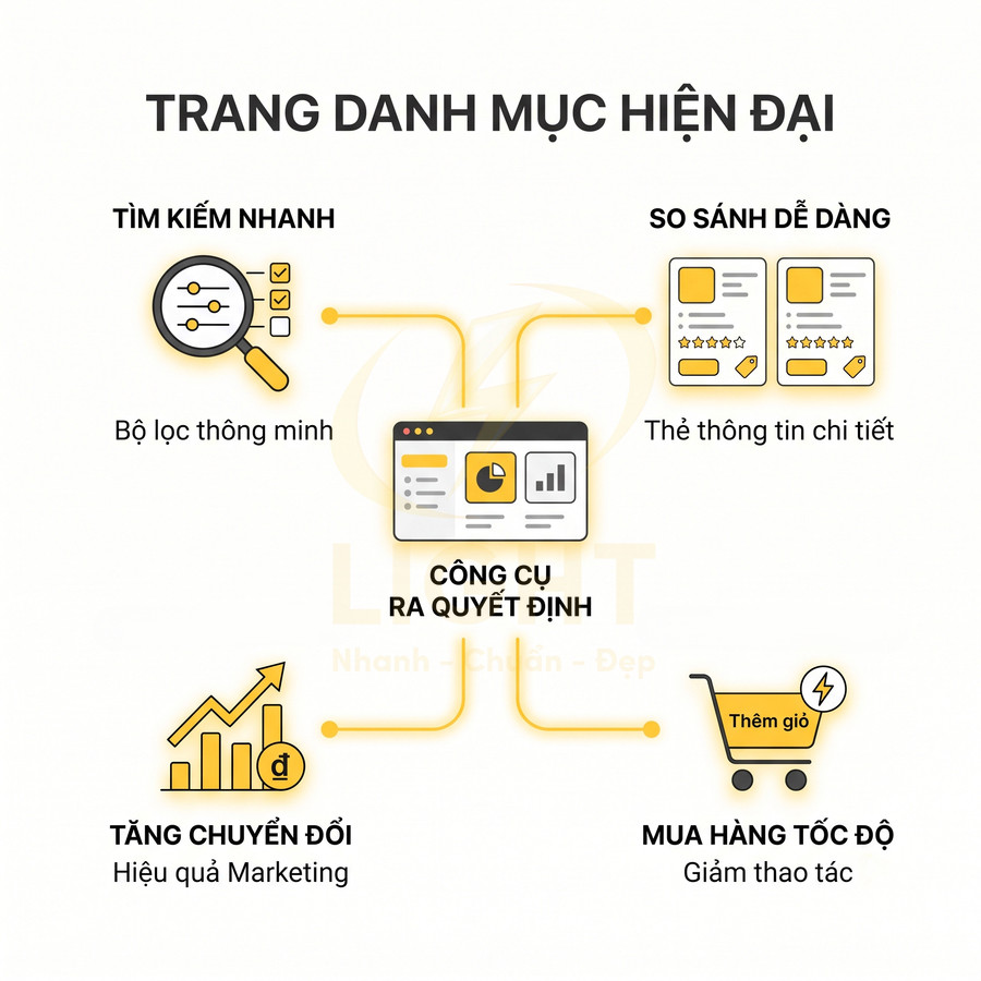 Mô tả lợi ích trang danh mục hiện đại với tìm kiếm nhanh, so sánh sản phẩm, tăng chuyển đổi và mua hàng tốc độ
