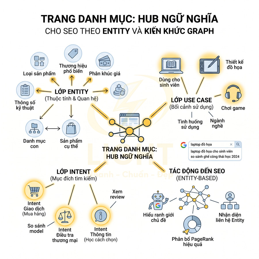 Sơ đồ trang danh mục hub ngữ nghĩa cho SEO theo entity và kiến trúc graph với các lớp intent và use case