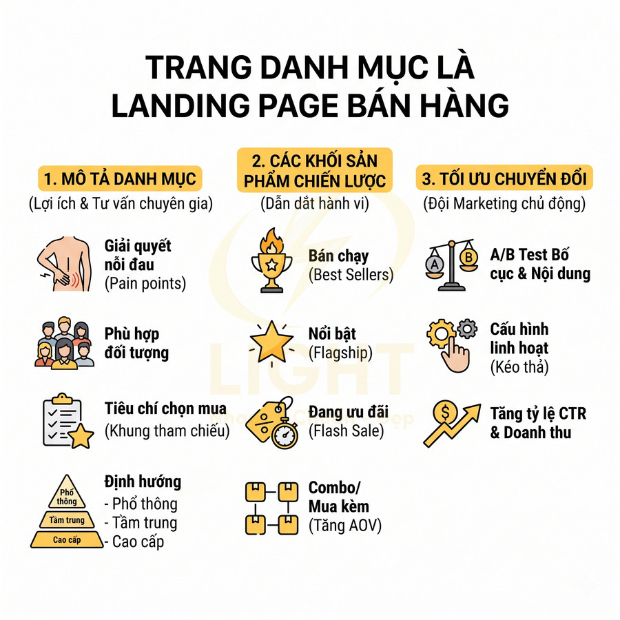 Infographic hướng dẫn tối ưu trang danh mục thành landing page bán hàng với mô tả, khối sản phẩm và tối ưu chuyển đổi