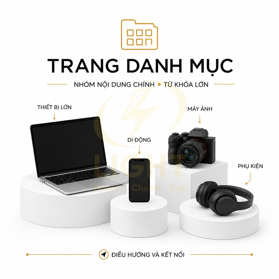 Laptop, điện thoại, máy ảnh và tai nghe không dây trưng bày trên bục trắng trong trang danh mục sản phẩm điện tử