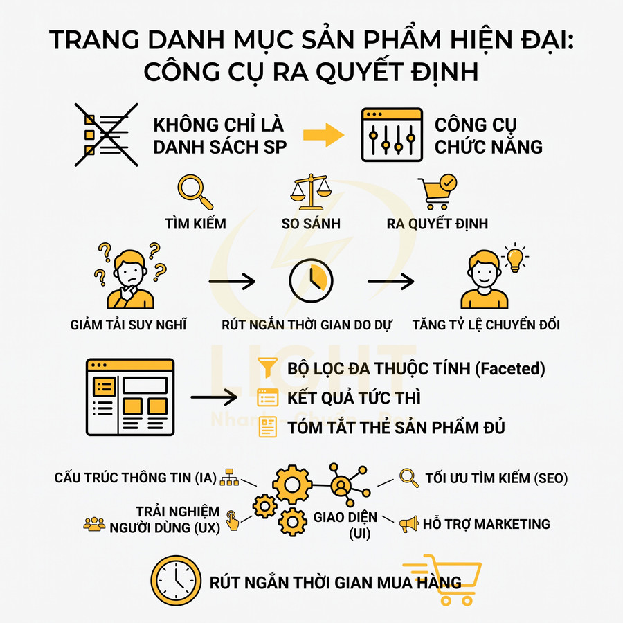 Infographic về trang danh mục sản phẩm hiện đại giúp tìm kiếm, so sánh và ra quyết định mua hàng nhanh hơn