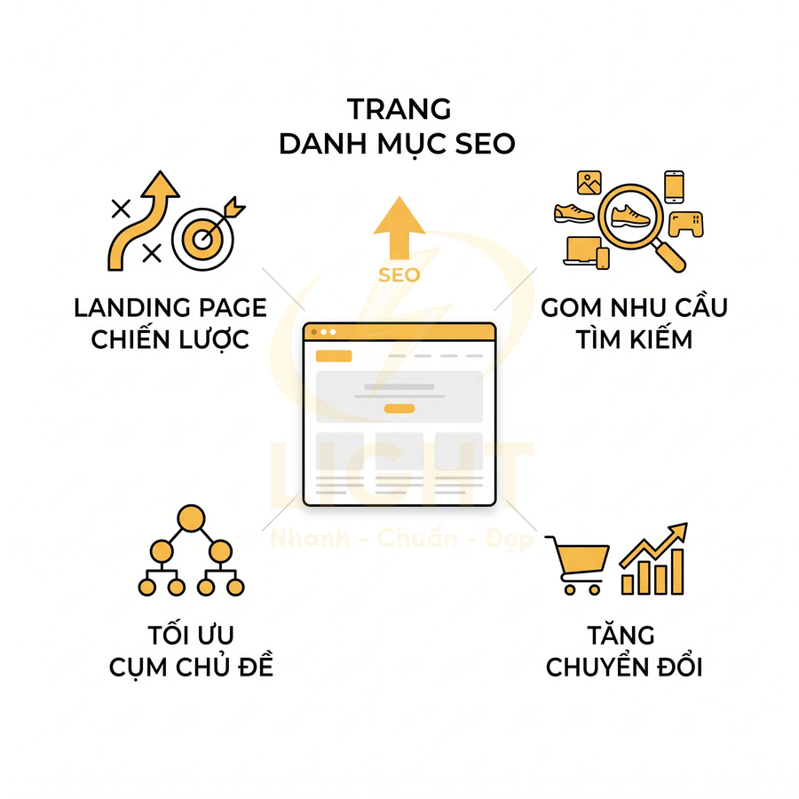 Mô hình trang danh mục SEO với landing page chiến lược, gom nhu cầu tìm kiếm, tối ưu cụm chủ đề và tăng chuyển đổi