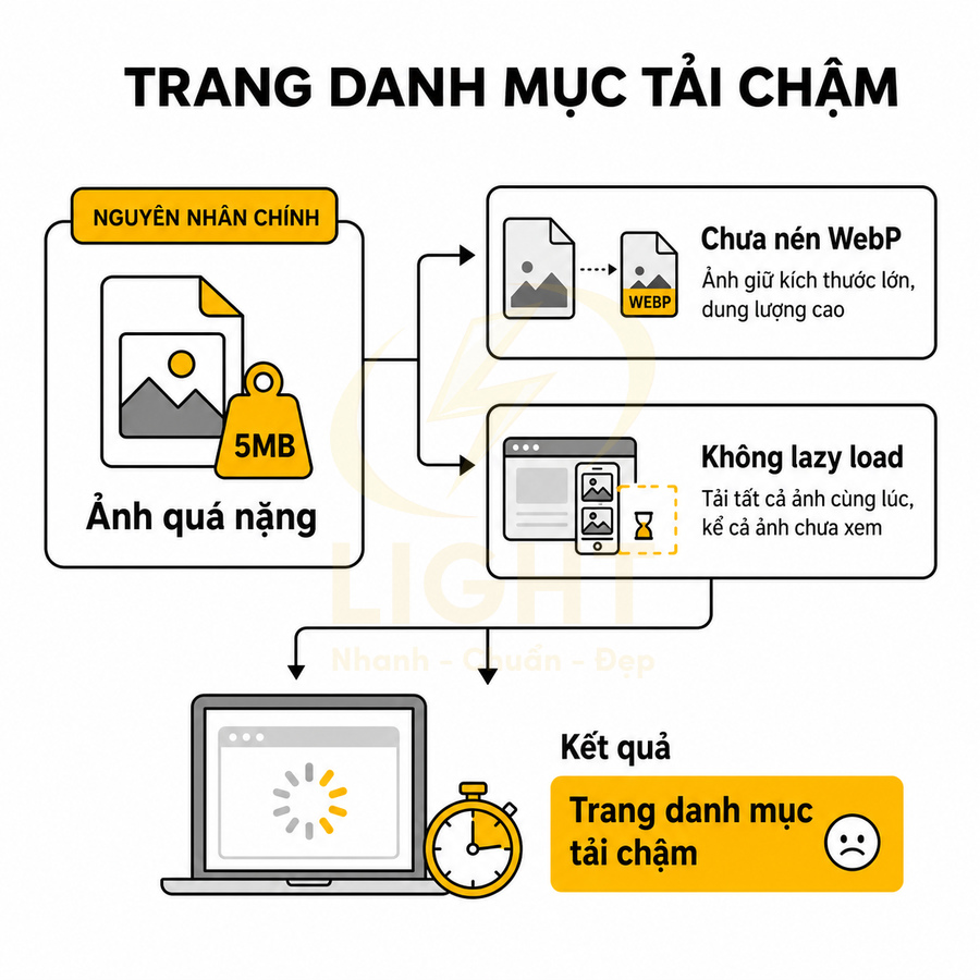 Nguyên nhân trang danh mục tải chậm do ảnh quá nặng, chưa nén WebP và không dùng lazy load