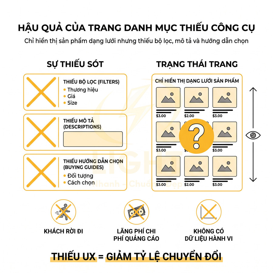 Infographic hậu quả trang danh mục sản phẩm thiếu bộ lọc mô tả hướng dẫn chọn làm giảm tỷ lệ chuyển đổi UX